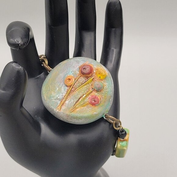 Handcrafted Ceramic and Clay Floral Bracelet Black Beads Lobster Clasp - Picture 6 of 9